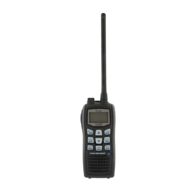 Floating Icom IC-M36 marine radio from Digix, featuring unique audio-boosting technology and a rugged build on a white background.