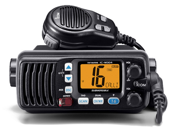 Icom IC-M304 dependable marine radio from Digix, featuring a large backlit display and front-facing speaker on a plain background.