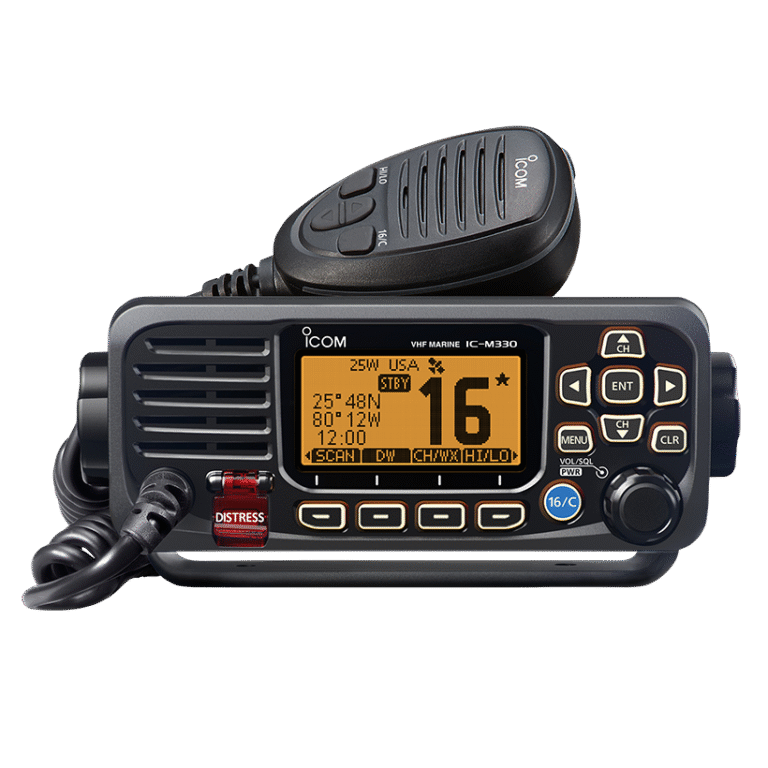 Ultra-compact Icom IC-M330 fixed-mount marine VHF radio from Digix, featuring a sleek control head and white background.