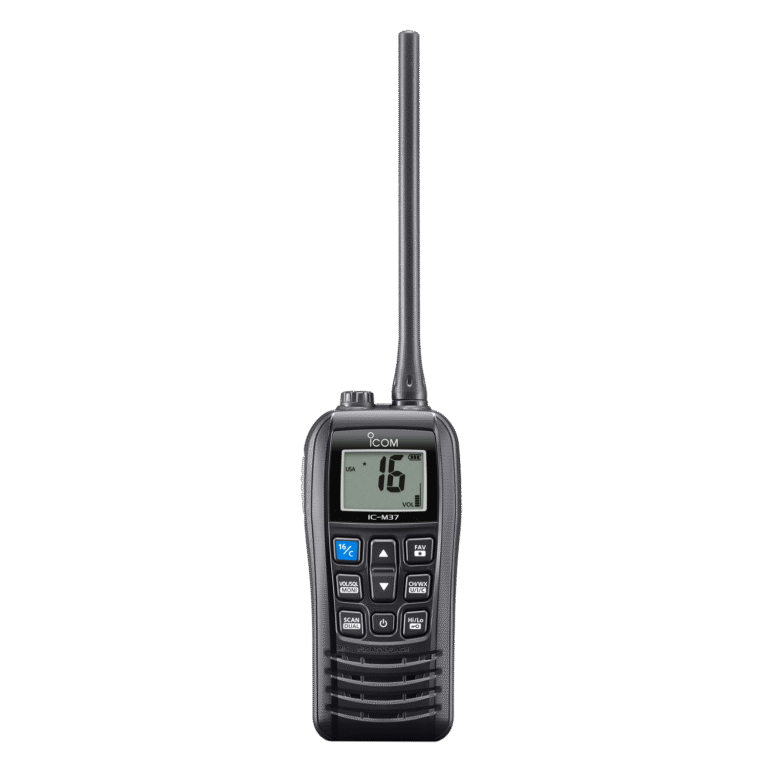 High-power Icom IC-M37 marine handheld radio supplied by Digix, featuring an ergonomic grip and sunlight-readable screen on a white background.