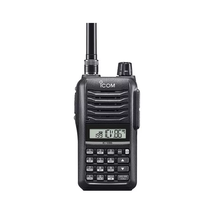 Heavy-duty Icom IC-V86 portable radio supplied by Digix, highlighting its robust design and large volume knob isolated on a white background.