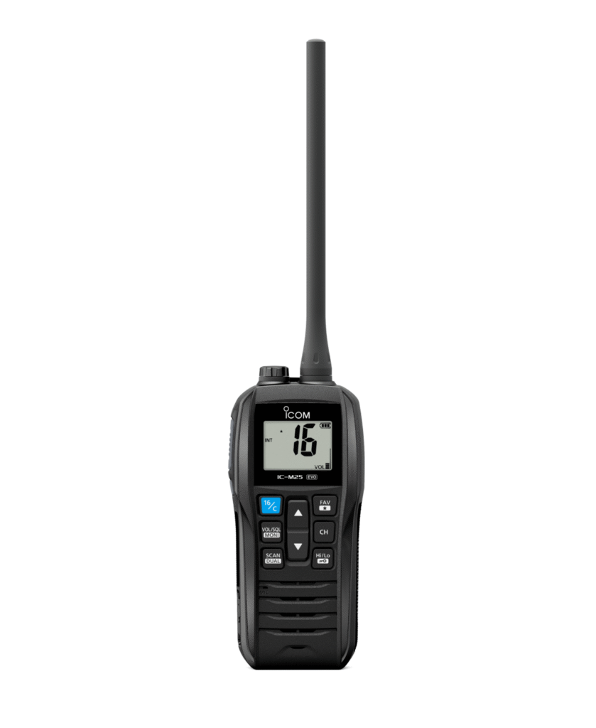 Slim and buoyant Icom IC-M25 handheld marine radio provided by Digix, featuring a large LCD and clean design on a white background.