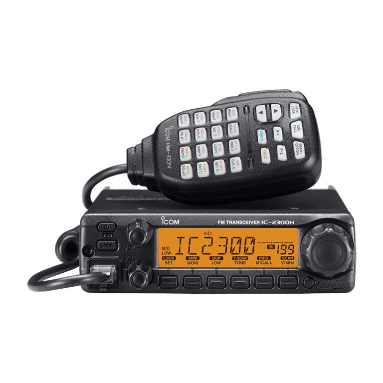 IC-2300H mobile VHF radio from Digix, showing its compact design and high-visibility LCD screen on a white background.