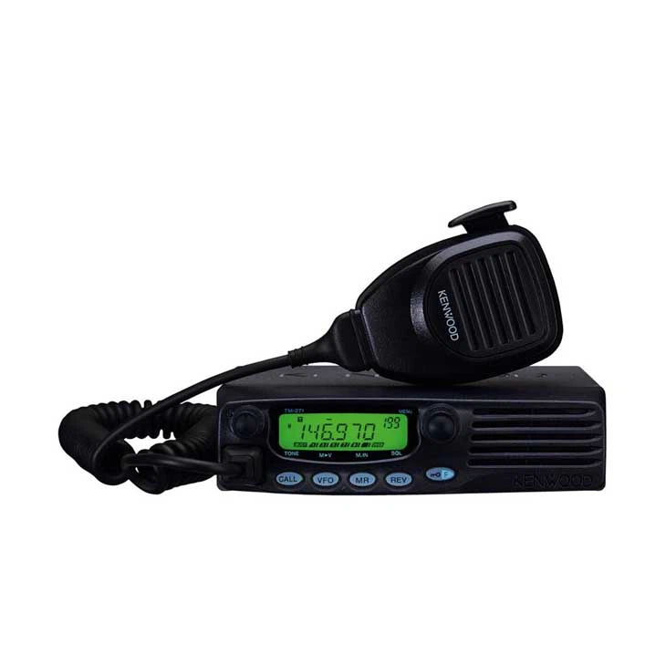 Rugged Kenwood TM-271A mobile VHF radio from Digix, showing its front-facing speaker and backlit green LCD display on a white background.