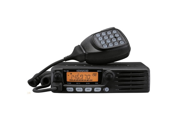 High-power Kenwood TM-281A mobile radio from Digix, featuring a compact chassis and vivid amber backlit screen on a white background.